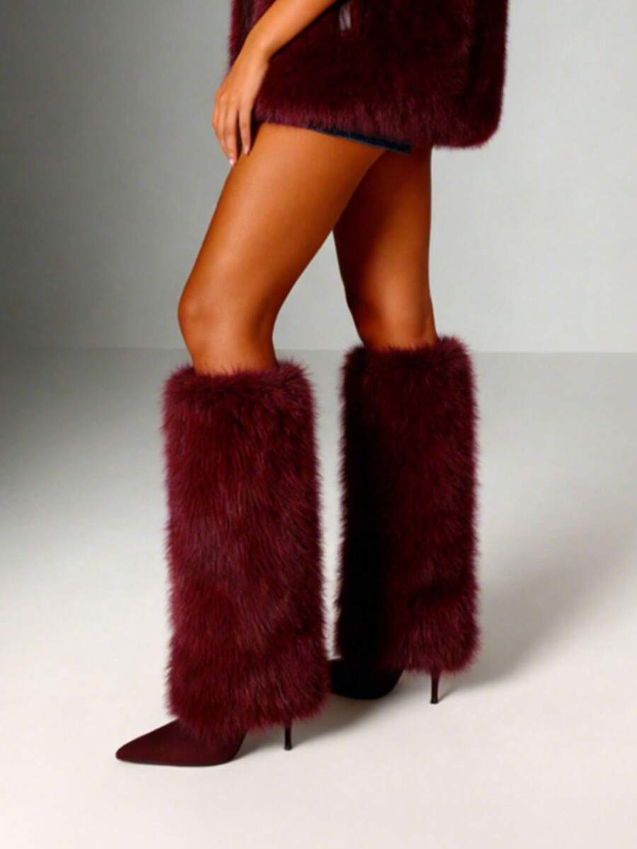 Furry Fluffy Knee High Boots For Women Faux Fur Winter Snow Boots Pointed Toe Stiletto High Heels Sexy Warm Shoes Christmas Party - 酒紅色絨面革 - 查看 1