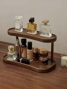Estantería de almacenamiento de encimera de nogal de doble capa, organizador elegante para maquillaje, perfume y cuidado de la piel, adecuado para baño, cocina y escritorio, con estantes de almacenamiento cerrados por separado - Marrón - Ver 10
