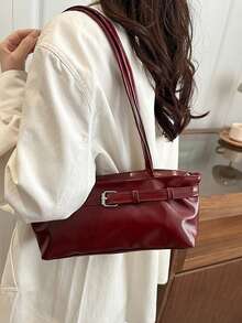 1个复古大容量手提包，通勤超大腋下包，时尚摩托车手提包，PU纯色油蜡皮革，带肩带装饰，拉链封口，女士单肩包，适合工作、大学生背包、短途旅行、度假、购物、商务等场合，日常使用皆宜。 - 酒紅色 - 查看 3