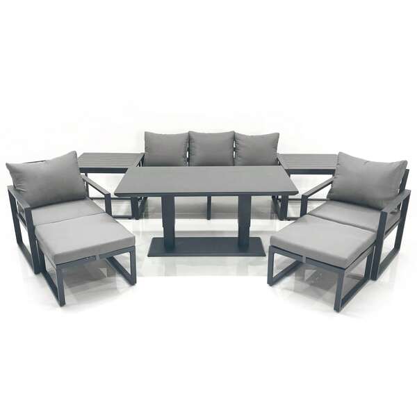Fimous Outdoor Aluminium Garden Furniture Set With Adjustable Rising Lifting Dining Table 3 Seater Sofa 2 Chair 2 Big Footstools 2 Side Tables Dark Grey