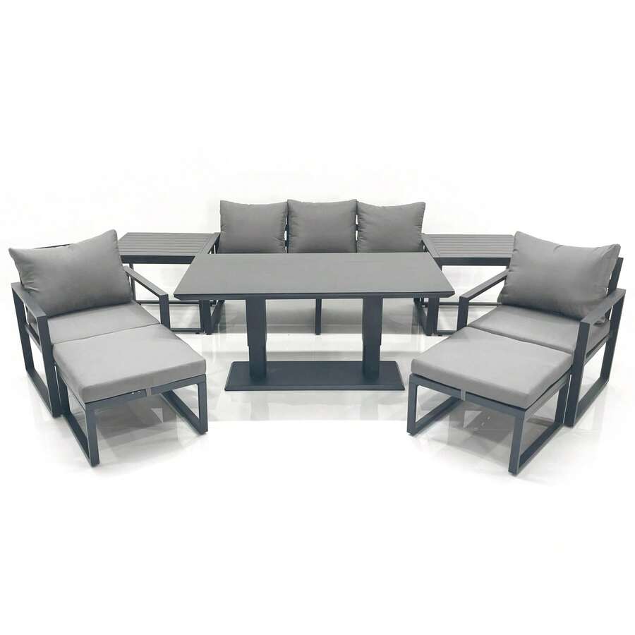 Fimous Outdoor Aluminium Garden Furniture Set With Adjustable Rising Lifting Dining Table 3 Seater Sofa 2 Chair 2 Big Footstools 2 Side Tables Dark Grey - 1*3人座鋁製沙發套裝 - 查看 1