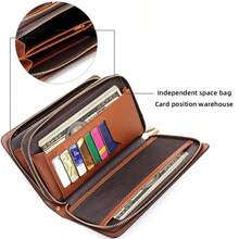 Dual Layer Zipper Clutch Bag, Large Capacity, Multi-Compartment, Fashion Design With Card & Cash Slots, Suitable For Business Travel And Gift - Brown - View 5