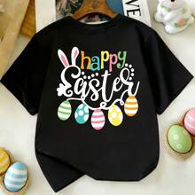 Young Girl Easter Limited Edition Cartoon Egg Double-Sided Print Short Sleeve T-Shirt, Casual Crew Neck Children Clothing - Black - View 11