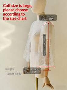 1 Pair Long Pearl Sleeve Sheer Mesh Beaded Detachable Bridal Sleeve Cuffs, Elegant For Party, Wedding, Banquet, Hand Wash Only, Plus Size - Beige - View 10