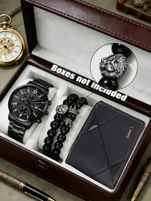 男士时尚配饰三件套，包括：1块黑色金属表带石英表（黑色表盘），1条黑色串珠狮头手链，以及1个黑色几何图案PU皮钱包，是男士的绝佳之选。 - 黑色 - 查看 6
