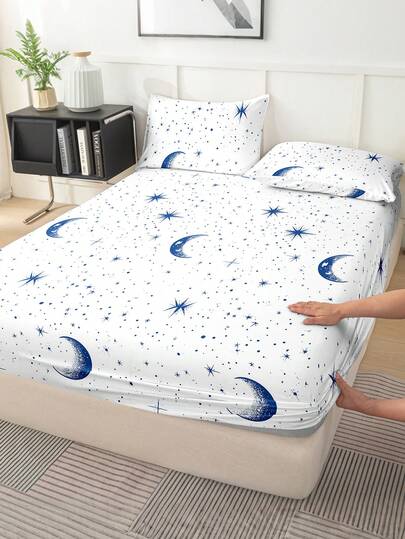 Conjunto de Lençol Ajustável Fofo e Macio 2/3 peças, Lençol Ajustável, Protetor de Colchão, Sem Rugas, Conjunto de Roupa de Cama Respirável com Bolsos Profundos, Anti-Pilling, Elástico, Silencioso, Antiderrapante para Todos os Tamanhos de Cama, Decoração de Quarto Doméstico e Dormitório, Lavável em Máquina, Amigável à Pele, Essenciais de Roupa de Cama para Todas as Estações, Durável e Fácil de Cuidar, Estética Moderna, Estampa de Estrelas e Luas