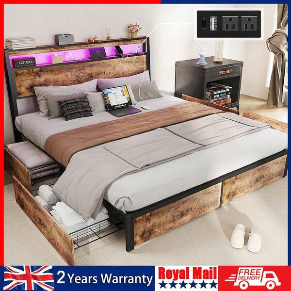 4FT6 Double Size Metal Bed Frame With RGB LED Lights, Charging Station, Storage Headboard And 4 Underbed Drawers, Industrial Steel Slat Support Platform Bed Frame Base (218 X 144 X 103 Cm)