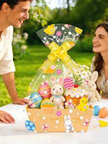 10个50*70厘米复活节透明礼品袋，印有兔子、小鸡、彩蛋图案，配红/黄丝带，可用于礼品包装、复活节篮子包装、彩蛋包装等，适用于复活节、节日派对、主题活动和生日派对。 - 彩色 - 查看 4