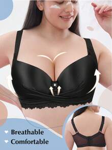 Plus Size Lace Wide Strap Bra - Smooth Thin Padding, Bow Decor, Underwire Support, Lace Trim - Black - View 1