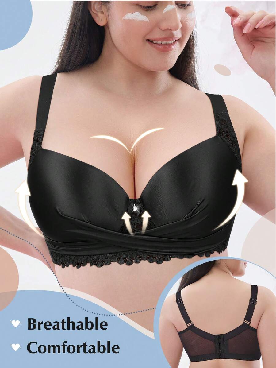 Plus Size Lace Wide Strap Bra - Smooth Thin Padding, Bow Decor, Underwire Support, Lace Trim - Black - View 1