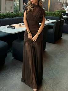 Đầm maxi lưới xuyên thấu màu nâu dành cho nữ | Đầm ôm sát xếp ly dự tiệc mùa hè thanh lịch - Cà phê nâu - Xem 8