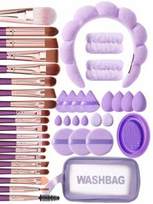 42-delars set med sminkverktyg inklusive: 1 multifunktionell necessär och sminkväska med dragkedja, vattentät + 20-delars set med sminkborstar + 3-delars runda puderpuffar + 1-delars rengöringsverktyg för sminkborstar + 4-delars mini-sminksvampar + 2-delars mini-puderpuffar med luftkudde + 4-delars triangulära puderpuffar + 4-delars sminksvampar + 1-delars hårband + 2-delars handtagsrem, allt-i-ett och nybörjarvänlig | Redo att resa och som present | Perfekt för nybörjare/henne - Multifärgad - Visa 1