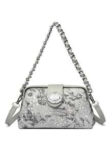 迷你优雅纯色夹扣金属链条手柄女士手提包，休闲简约单肩托特包，适合购物、钱包、通勤，适合年轻女性、大学生、新人及上班族女性。是办公室、大学、工作、商务、通勤、户外、旅行和郊游的理想之选。 - 淺灰色 - 查看 6