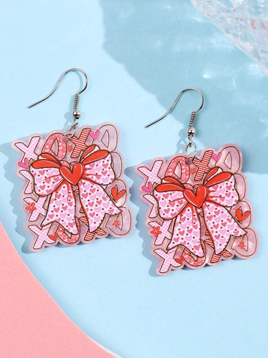 一对独特的爱心蝴蝶结XOXO亚克力吊坠耳环，时尚可爱，适合女性日常佩戴、派对、通勤、度假等场合。 - 彩色 - 查看 1