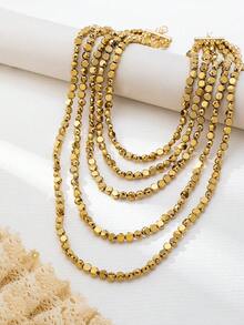 1 Set Elegant Multilayer Glass Beaded Necklace, Unique Design Charming Necklace Suitable For Women's Daily Wear, Festivals, Parties - Gold - View 5
