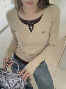 美式休闲刺绣设计收腰长袖T恤，春季修身上衣 - 杏色 - 查看 4