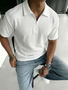 GRDR 1件简约纯色短袖拉链Polo衫，男士休闲上衣 - 白色 - 查看 4