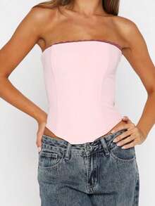 Womens Strapless Bustier Corset Top Y2k Lace Trim Boned Overbust Corset Lace-Up Backless Bodyshaper Tube Top Rave Club Going Out Bustier - Hồng - Xem 3