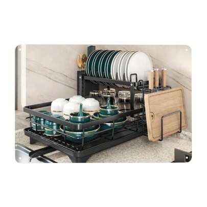 Tin Metal Sign Two-Tier Dish Drying Rack With Utensil Holder Cutting Board Holder And Drainboard Compact Dish Rack For Kitchen Counter Space Saving Dish Dryer Rustproof Frame Black Dish Drainer Kitchen Decor