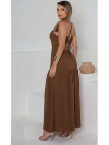 Serena Luxury Women's Long Dress With Padded Cups, Front Cutout, Crossover Back And Side Slit. Casual, Elegant, Party, Asymmetrical, Everyday, Vacation. - 鏽棕色 - 查看 3