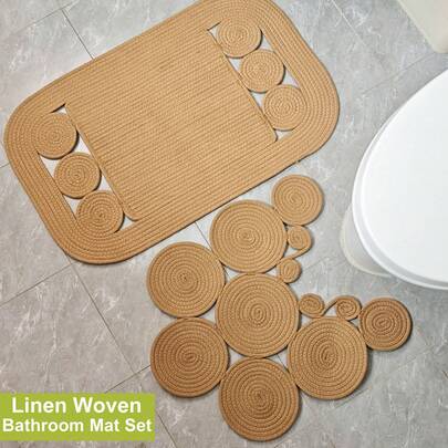 半件套波西米亚风浴室地毯，可水洗亚麻U型马桶地毯和方形防滑浴垫，双面手工编织亚麻地垫，适合春季浴室装饰，也适用于厨房、卧室、玄关、春季家居装饰，乔迁新居礼物！ - 19.69*31.5英寸