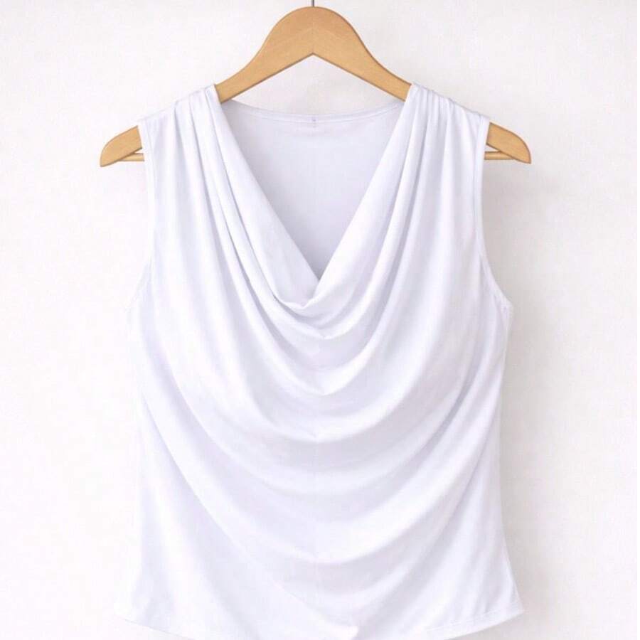 Sleeveless Blouse With A Draped Neckline, Loose Fit, No Padding, In Supplex Fabric, Elegant, Casual, And Social Style. - 白色 - 查看 1