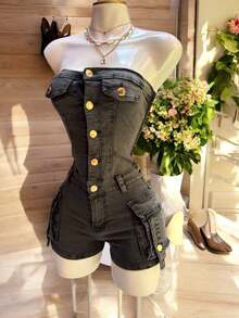 Jumper de Mezclilla Strapless con Bolsillos Cargo y Botones Dorados. - Gris - Ver 6