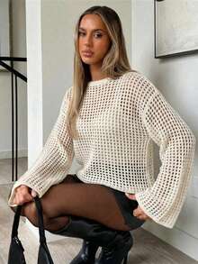 镂空落肩开衫针织毛衣，长袖套头针织衫，适合秋冬季度假海滩穿着，白色 - 白色 - 查看 1