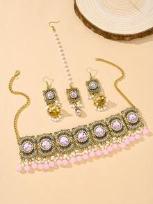 4件套时尚奢华水钻首饰套装，新娘首饰，仿珍珠发链、吊坠耳环和串珠流苏项链，适合女士婚礼、日常佩戴。 - 四件套 - 查看 14