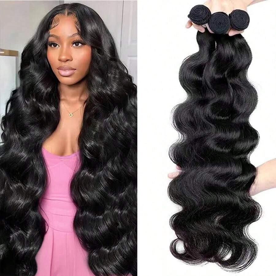 MENALUE Body Wave Bundles Human Hair 16A Brazilian Virgin Hair Bundles 18 20 22 Inch Thick Weave Natural Black Free Human Hair Extensions - Natural Black - 查看 1