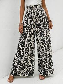 女士波西米亚风花卉叶子印花高腰褶皱阔腿沙滩裤，适合度假春季穿着，黑色 - 黑色 - 查看 3