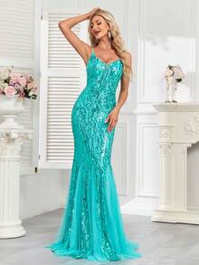 hezixi 优雅亮片性感晚礼服，长款鱼尾裙摆，适合正式舞会、奢华婚礼派对、鸡尾酒会等场合，也适合作为婚礼宾客、毕业典礼或晚宴礼服。 - 薄荷綠 - 查看 7