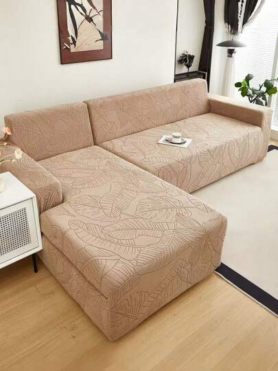 1pc Plush Leaf Pattern Stretch Sofa Cover, Nordic Modern Style Polyester Dust-Proof Anti-Slip Thickened Sofa Slipcover, Fit For 1/2/3/4 Seater Sofa, Especially Suitable For Autumn/Winter Sofa Decor, Pillow Cover Not Included