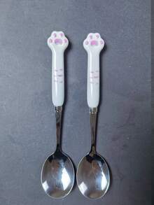 1pc/2pcs/5pcs Stainless Steel Spoon, Fork, Cartoon Cute Long Handle Tableware, Household, Creative, Student, Children Eating Spoon - Silver - View 11