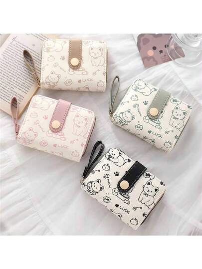 1-Piece Minimalist Cute Printed Black Cat Short Women's Wallet PU Leather Wear-Resistant Multi-Card Slot Multi-Functional Coin & Card Storage Daily Commute Shopping Dating Travel Portable Card Holder Sweet Gift For Mother's Day,Valentine's Day,Wedding,Toys,Bag Charm,Squishy,Birthday,Room Decor