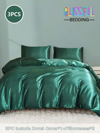 Juego de 3 piezas de Edredón de satén liso, Juego de ropa de cama de satén suave y sedoso, Incluye: 1 Edredón con 4 lazos en las esquinas y cremallera + 2 Fundas de almohada (No incluye el edredón y el relleno de la almohada), Adecuado para dormitorio/viaje/dormitorio (niños/niñas)