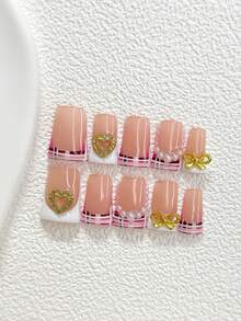 10pcs Luxury French Style Acrylic Nail Art Set, Includes Gold Hollow Heart, Bow Tie Nail Decor, White Faux Pearl Accents, Hand-Painted Striped & Checkered Patterns Nails Nail Supplies Handmade Press On Nails - 彩色 - 查看 2