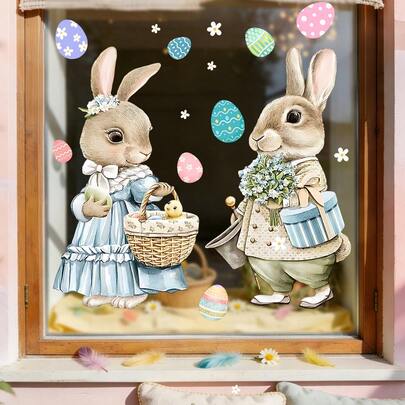 1/2pcs Window Electrostatic Adsorption Film. Features Easter Egg Decorations And Cute Bunny. Suitable For Living Room And Can Also Be Used For DIY Decorations.