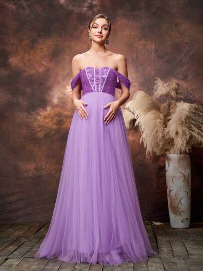 Faeriesty Elegant Maternity Lavender Off-Shoulder Maxi Party Gown For Women | Sequin Bodice With Sheer Mesh/Organza Hem, Lace-Up Back Detail With Tasseled Ties For Adjustable Allure For Spring Weddings, Mother's Day Celebrations, Baby Shower Events, Garden Parties, Formal Galas, Evening