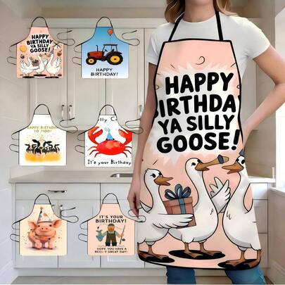 1PC Happy Birthday Ya Silly Goose Apron With Cute Goose Illustration Featuring Three White Geese Holding Gift Box Blowing Horn Wearing Party Hat And Decorated With Balloons Cupcakes Windmill For Birthday Party Kitchen Baking Cooking Gift