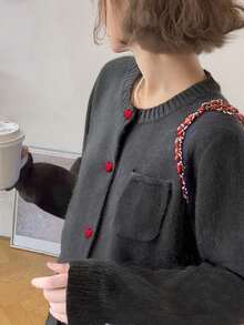 Women's Casual Minimalist Korean Style Contrast Color Button Design Round Neck Sweater Cardigan, Autumn/Winter - Dark Grey - View 5