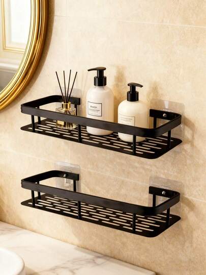 Cesta de ducha, con estante adhesivo para ducha, sin necesidad de taladro, montada en la pared, no se oxida fácilmente, almacenamiento de alta gama, para baño, cocina, estante de almacenamiento, negro