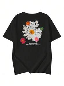 Áo thun nữ dáng rộng cổ tròn tay ngắn in chữ và hoa, màu đen, thích hợp mặc mùa xuân/hè. - màu đen - Xem 4