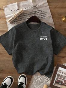 女士休闲T恤，灵感源自梵高的《星夜》和1853年的数码印花图案，舒适的春夏上衣，时尚圆领短袖，大码短袖款 - 深灰色 - 查看 4