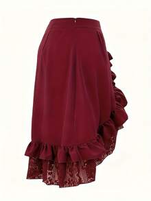 女士优雅纯色蕾丝拼接荷叶边下摆休闲高端简约哥特风A字裙 春季 - 紅色 - 查看 5