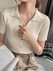 Camiseta de punto con cuello polo y mangas raglán cortas para mujer, ligera y versátil, ideal para primavera/verano - Albaricoque - Ver 4