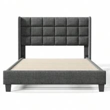 Upholstered Bed With Its Padded Headboard, Double Bed With Slatted Base, 140x200cm, In Grey Linen, Medium Firm (Without Mattress) - Grey + Linen + 140cm*200cm - View 6