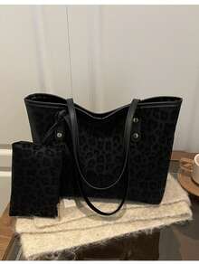 Bolso de mano grande con estampado de letras, bolso de hombro a cuadros para mujer, estilo para ir al trabajo - Negro - Ver 3