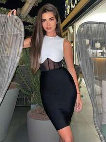 Women's Fashion Short Fitted Dress, Summer Mesh Sheer Dress, Elegant White And Black Cocktail Party Dress For Nightclub, Sexy Outfit Wedding Spring - Black and White - View 8