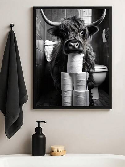 1pc Funny Highland Cow Bathroom Print, Modern Black And White Animal Art, The Ideal Gift For Friends, Bedroom Art Print, Living Room Decor, Office Decor, Bathroom Decor, Toilet Wall Poster, Wall Arts, Wall Decor, Home Decor, Room Decor, Canvas Wall Art, Posters, Wall Art With Frame, Optional Frame ﻿
